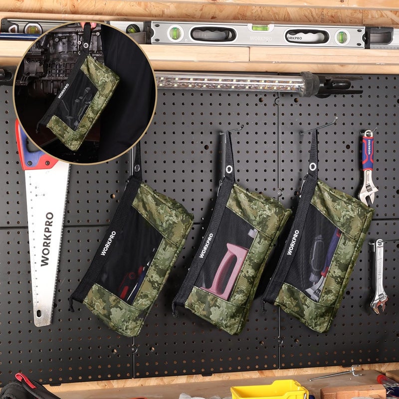 WORKPRO 12" Tool Pouches with Zipper, Heavy-Duty Small Tool Bag, Utility Small Tool Pouch for Tool Organizers and Storage, Mini Tool Bag, 3 Pack, Camo - Image 5